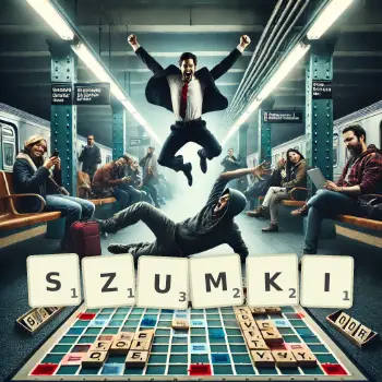 Kreatywna ilustracja do gry w Scrabble ze słowem SZUMKI ułożonym z płytek na planszy.