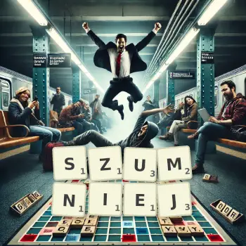 Kreatywna ilustracja do gry w Scrabble ze słowem SZUMNIEJ ułożonym z płytek na planszy.