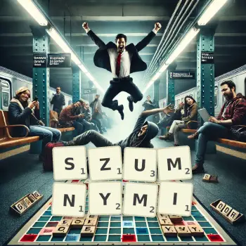 Kreatywna ilustracja do gry w Scrabble ze słowem SZUMNYMI ułożonym z płytek na planszy.