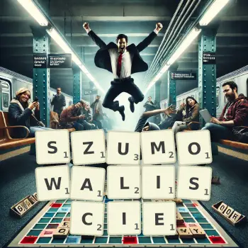 Kreatywna ilustracja do gry w Scrabble ze słowem SZUMOWALISCIE ułożonym z płytek na planszy.
