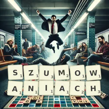 Kreatywna ilustracja do gry w Scrabble ze słowem SZUMOWANIACH ułożonym z płytek na planszy.