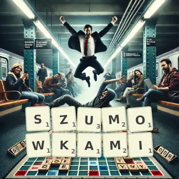 Kreatywna ilustracja do gry w Scrabble ze słowem SZUMOWKAMI ułożonym z płytek na planszy.
