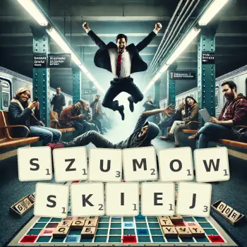 Kreatywna ilustracja do gry w Scrabble ze słowem SZUMOWSKIEJ ułożonym z płytek na planszy.