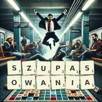 Kreatywna ilustracja do gry w Scrabble ze słowem SZUPASOWANIA ułożonym z płytek na planszy.