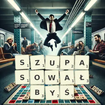 Kreatywna ilustracja do gry w Scrabble ze słowem SZUPASOWAŁBYŚ ułożonym z płytek na planszy.