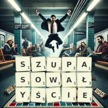 Kreatywna ilustracja do gry w Scrabble ze słowem SZUPASOWAŁYŚCIE ułożonym z płytek na planszy.