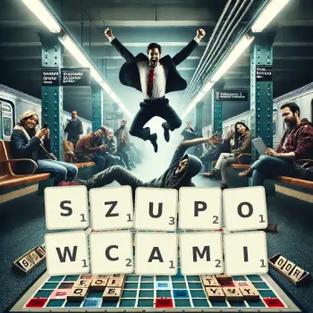 Kreatywna ilustracja do gry w Scrabble ze słowem SZUPOWCAMI ułożonym z płytek na planszy.