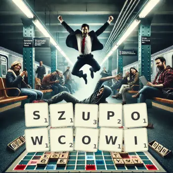 Kreatywna ilustracja do gry w Scrabble ze słowem SZUPOWCOWI ułożonym z płytek na planszy.