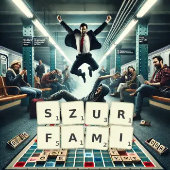 Kreatywna ilustracja do gry w Scrabble ze słowem SZURFAMI ułożonym z płytek na planszy.