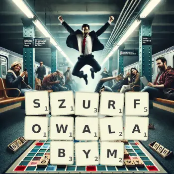 Kreatywna ilustracja do gry w Scrabble ze słowem SZURFOWALABYM ułożonym z płytek na planszy.