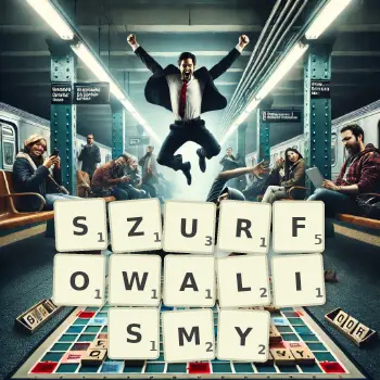 Kreatywna ilustracja do gry w Scrabble ze słowem SZURFOWALISMY ułożonym z płytek na planszy.