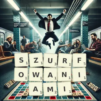 Kreatywna ilustracja do gry w Scrabble ze słowem SZURFOWANIAMI ułożonym z płytek na planszy.