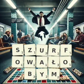Kreatywna ilustracja do gry w Scrabble ze słowem SZURFOWAŁOBYM ułożonym z płytek na planszy.