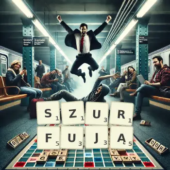 Kreatywna ilustracja do gry w Scrabble ze słowem SZURFUJĄ ułożonym z płytek na planszy.