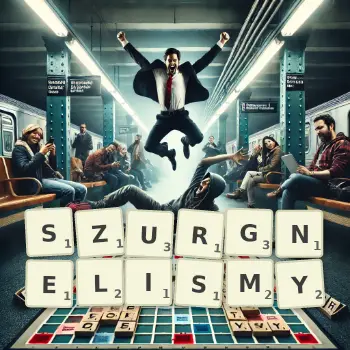 Kreatywna ilustracja do gry w Scrabble ze słowem SZURGNELISMY ułożonym z płytek na planszy.