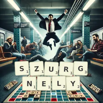 Kreatywna ilustracja do gry w Scrabble ze słowem SZURGNELY ułożonym z płytek na planszy.