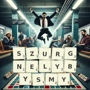 Kreatywna ilustracja do gry w Scrabble ze słowem SZURGNELYBYSMY ułożonym z płytek na planszy.