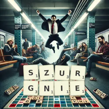 Kreatywna ilustracja do gry w Scrabble ze słowem SZURGNIE ułożonym z płytek na planszy.