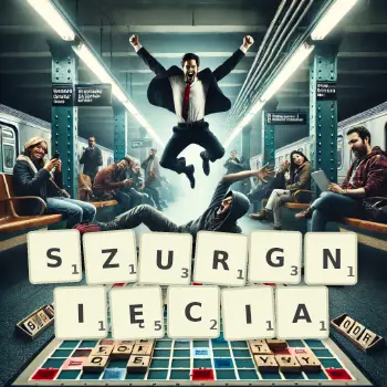 Kreatywna ilustracja do gry w Scrabble ze słowem SZURGNIĘCIA ułożonym z płytek na planszy.