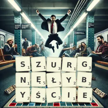Kreatywna ilustracja do gry w Scrabble ze słowem SZURGNĘŁYBYŚCIE ułożonym z płytek na planszy.