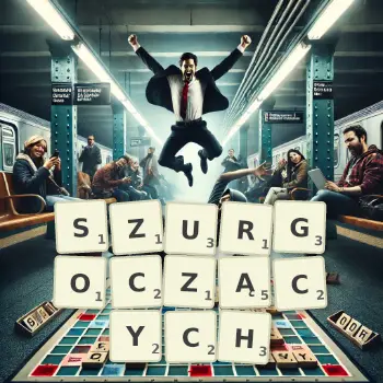 Kreatywna ilustracja do gry w Scrabble ze słowem SZURGOCZĄCYCH ułożonym z płytek na planszy.