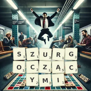 Kreatywna ilustracja do gry w Scrabble ze słowem SZURGOCZĄCYMI ułożonym z płytek na planszy.