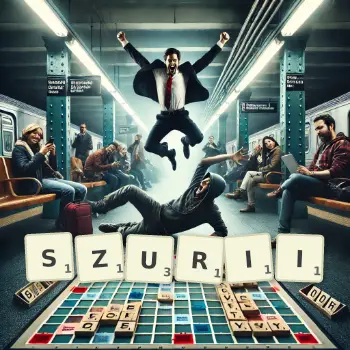 Kreatywna ilustracja do gry w Scrabble ze słowem SZURII ułożonym z płytek na planszy.