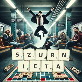 Kreatywna ilustracja do gry w Scrabble ze słowem SZURNIĘTĄ ułożonym z płytek na planszy.