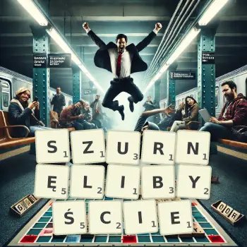 Kreatywna ilustracja do gry w Scrabble ze słowem SZURNĘLIBYŚCIE ułożonym z płytek na planszy.