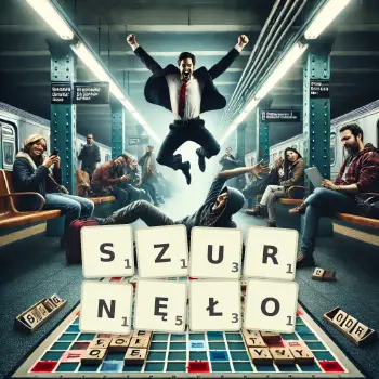 Kreatywna ilustracja do gry w Scrabble ze słowem SZURNĘŁO ułożonym z płytek na planszy.