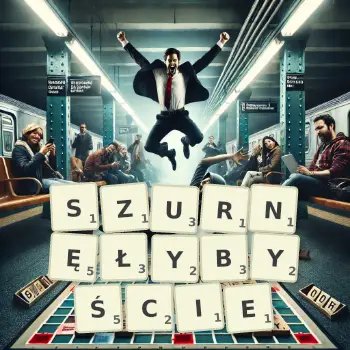 Kreatywna ilustracja do gry w Scrabble ze słowem SZURNĘŁYBYŚCIE ułożonym z płytek na planszy.