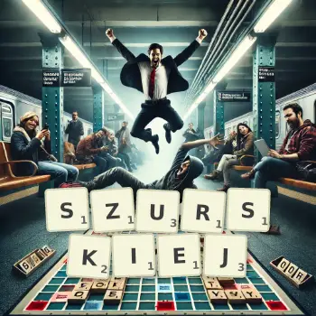 Kreatywna ilustracja do gry w Scrabble ze słowem SZURSKIEJ ułożonym z płytek na planszy.