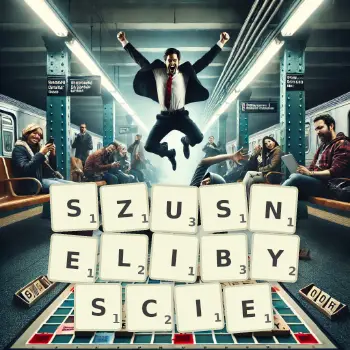 Kreatywna ilustracja do gry w Scrabble ze słowem SZUSNELIBYSCIE ułożonym z płytek na planszy.