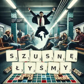 Kreatywna ilustracja do gry w Scrabble ze słowem SZUSNĘŁYŚMY ułożonym z płytek na planszy.