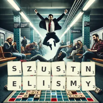 Kreatywna ilustracja do gry w Scrabble ze słowem SZUSTNELISMY ułożonym z płytek na planszy.