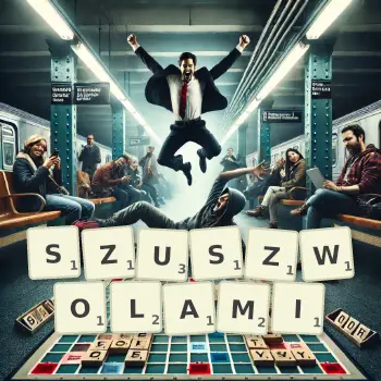 Kreatywna ilustracja do gry w Scrabble ze słowem SZUSZWOLAMI ułożonym z płytek na planszy.