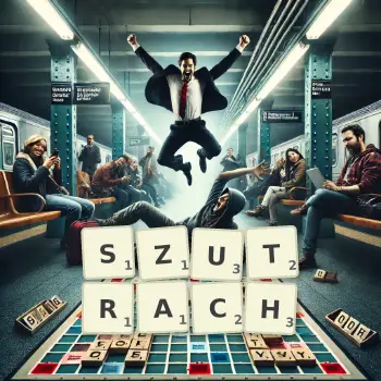 Kreatywna ilustracja do gry w Scrabble ze słowem SZUTRACH ułożonym z płytek na planszy.