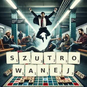 Kreatywna ilustracja do gry w Scrabble ze słowem SZUTROWANEJ ułożonym z płytek na planszy.