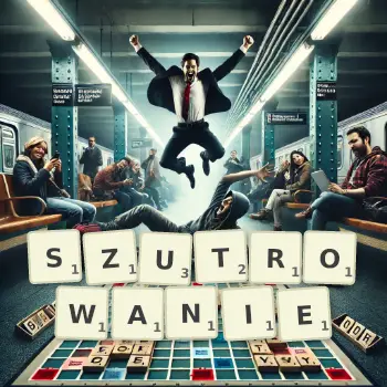 Kreatywna ilustracja do gry w Scrabble ze słowem SZUTROWANIE ułożonym z płytek na planszy.