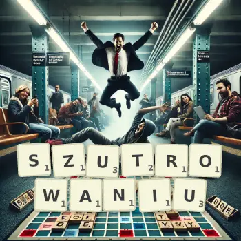 Kreatywna ilustracja do gry w Scrabble ze słowem SZUTROWANIU ułożonym z płytek na planszy.