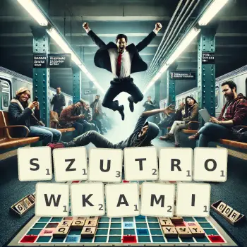 Kreatywna ilustracja do gry w Scrabble ze słowem SZUTROWKAMI ułożonym z płytek na planszy.