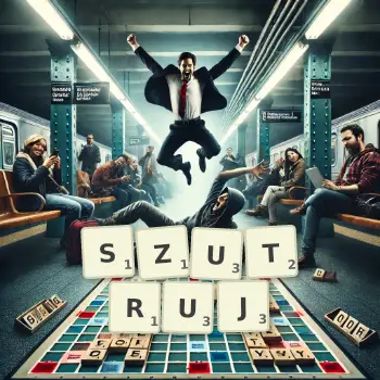 Kreatywna ilustracja do gry w Scrabble ze słowem SZUTRUJ ułożonym z płytek na planszy.