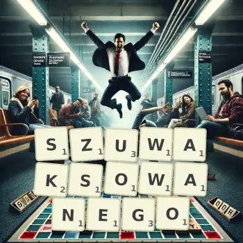 Kreatywna ilustracja do gry w Scrabble ze słowem SZUWAKSOWANEGO ułożonym z płytek na planszy.