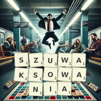 Kreatywna ilustracja do gry w Scrabble ze słowem SZUWAKSOWANIA ułożonym z płytek na planszy.