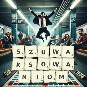 Kreatywna ilustracja do gry w Scrabble ze słowem SZUWAKSOWANIOM ułożonym z płytek na planszy.