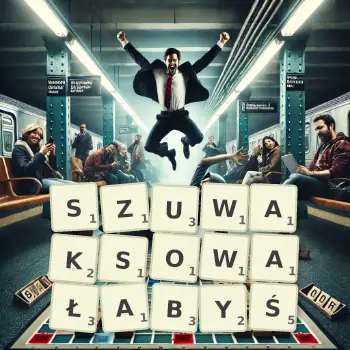 Kreatywna ilustracja do gry w Scrabble ze słowem SZUWAKSOWAŁABYŚ ułożonym z płytek na planszy.