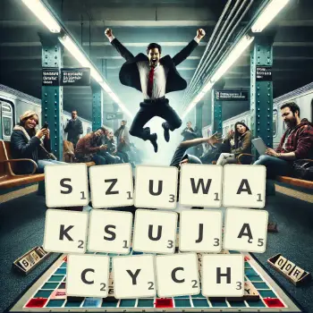 Kreatywna ilustracja do gry w Scrabble ze słowem SZUWAKSUJĄCYCH ułożonym z płytek na planszy.