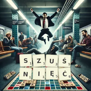 Kreatywna ilustracja do gry w Scrabble ze słowem SZUŚNIĘĆ ułożonym z płytek na planszy.