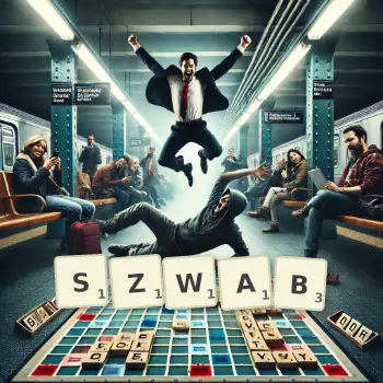 Kreatywna ilustracja do gry w Scrabble ze słowem SZWAB ułożonym z płytek na planszy.