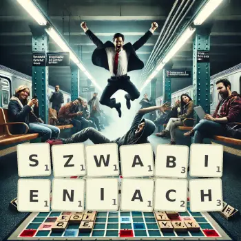 Kreatywna ilustracja do gry w Scrabble ze słowem SZWABIENIACH ułożonym z płytek na planszy.